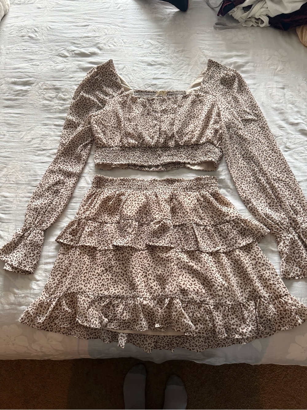 Altar'd State Cream and Brown Leopard Smocked Two-Piece Set